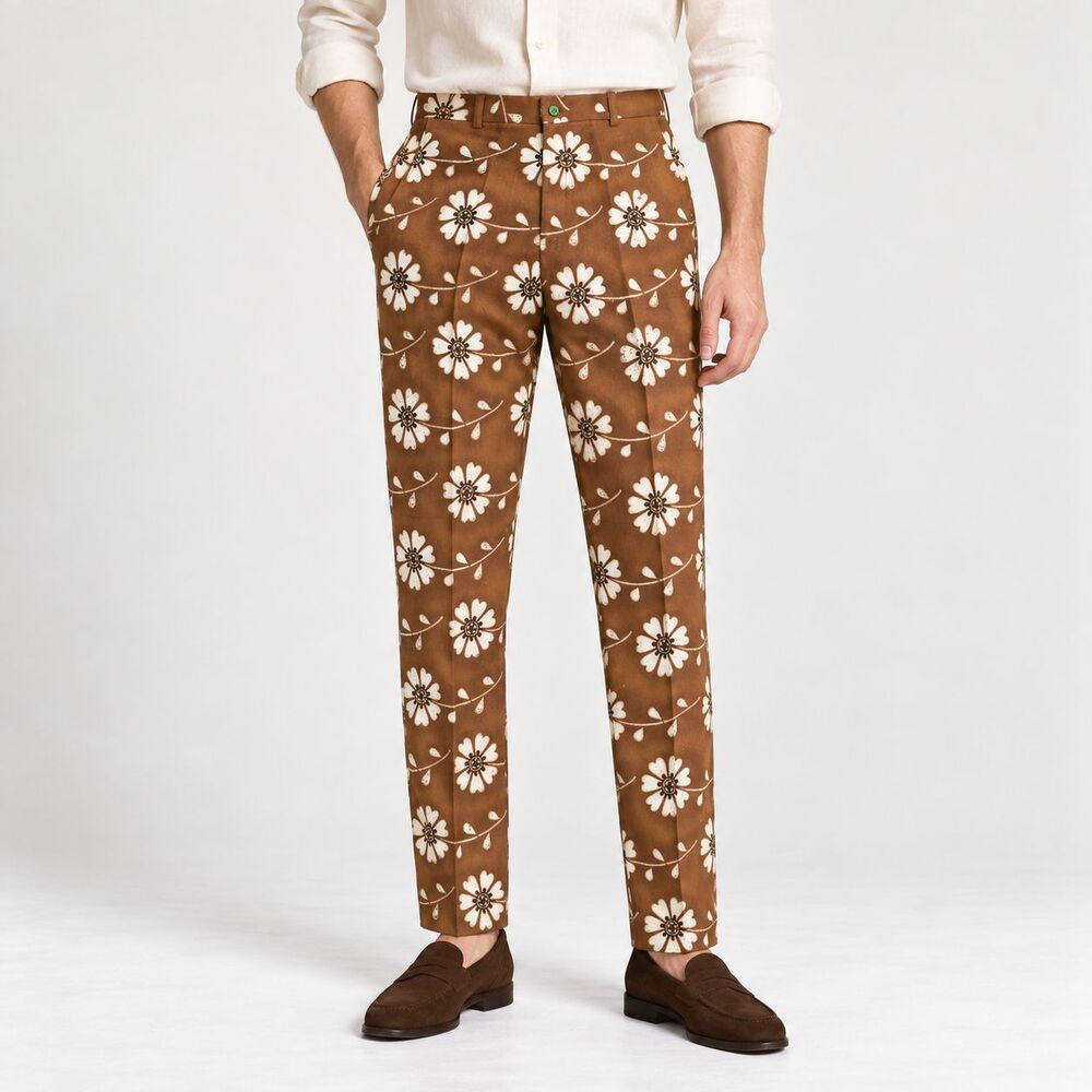 Mens 36 Brown Cream Floral Cotton Slim Fit Flat Front Dress Pants Handmade NWT